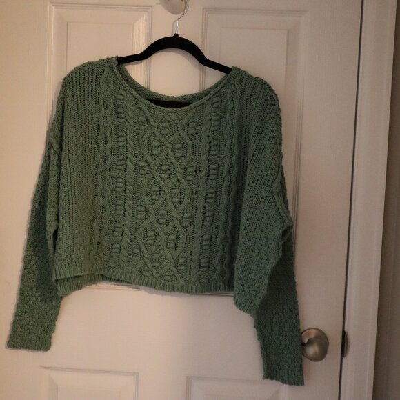 Free People Square Cropped Cable Knit Sweater- sage - Picture 2 of 5